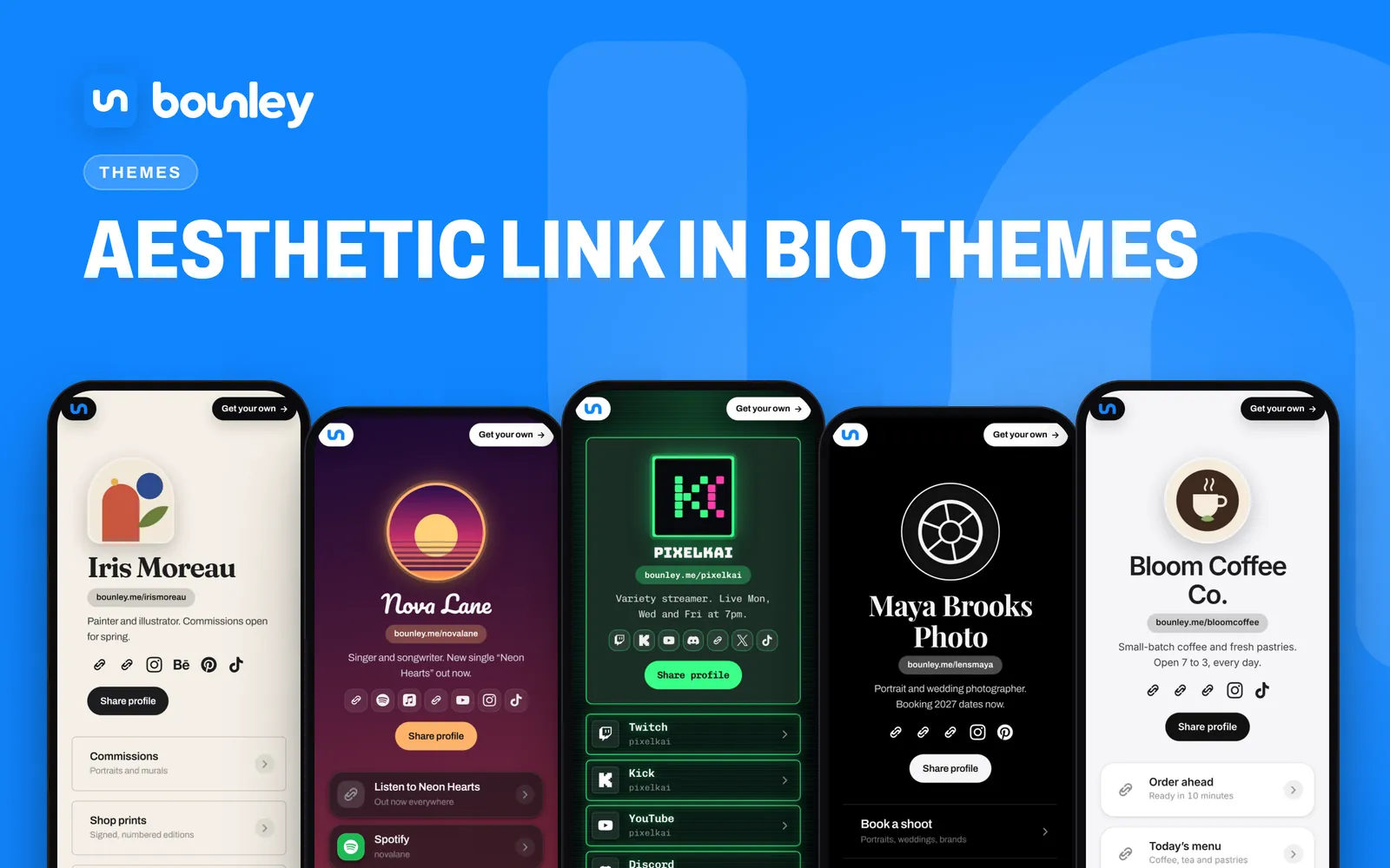 Five aesthetic link in bio themes made with Bounley, on phones: an illustrator's cream editorial page, a singer's sunset gradient page, a streamer's neon arcade page, a photographer's black and white page and a café's clean light page. Beside it: “Aesthetic link in bio themes”, the Bounley logo, bounley.me/yourname and bounley.com.