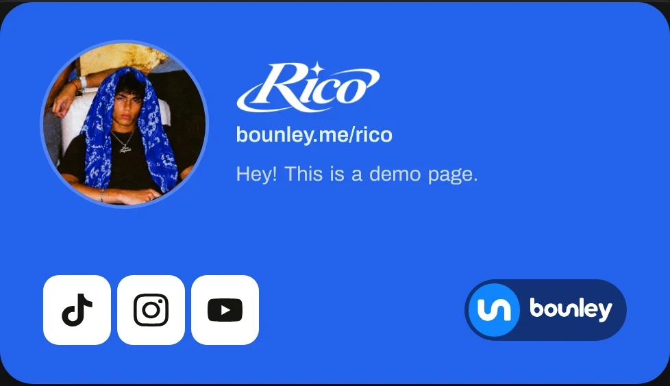 A digital business card made by Bounley from a creator's site: photo, name, bounley.me address and the icons of the accounts they are on.