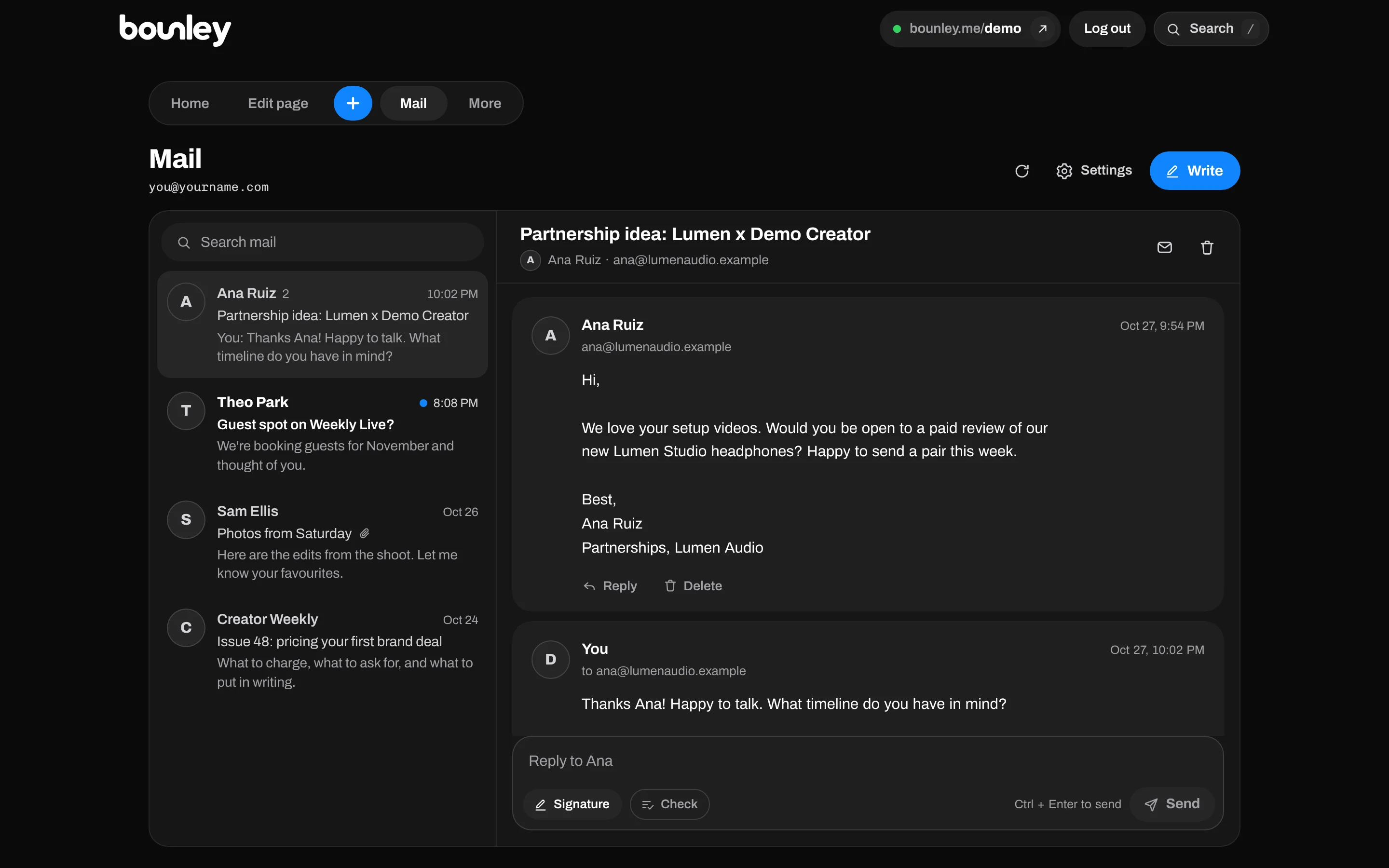 The Bounley inbox for email at your own domain, shown with sample messages at you@yourname.com: conversations on the left and an open thread with a reply on the right.