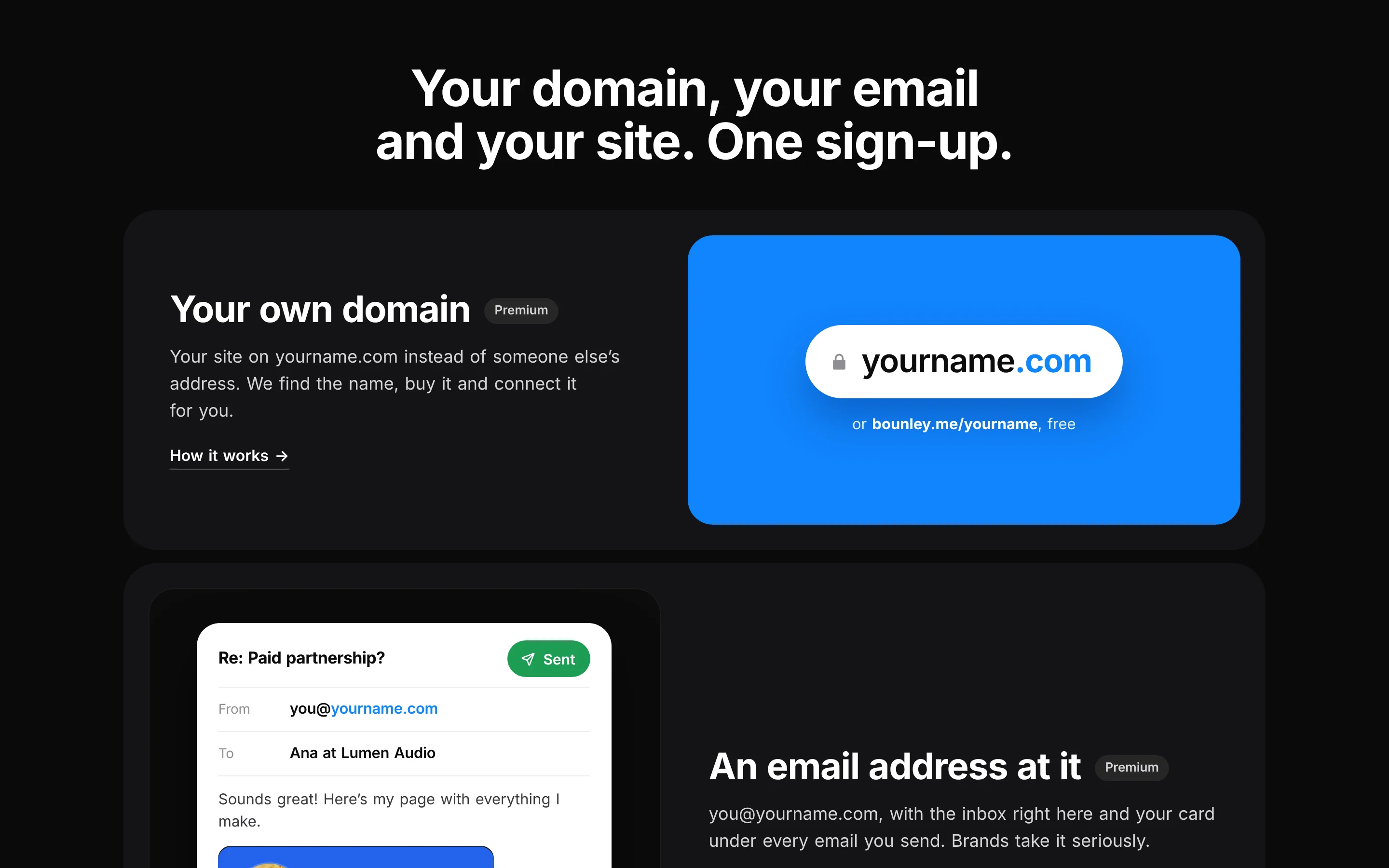 Bounley's features: your own domain and email, things that play on your site, a business card, an email signature, a Live badge and stats.