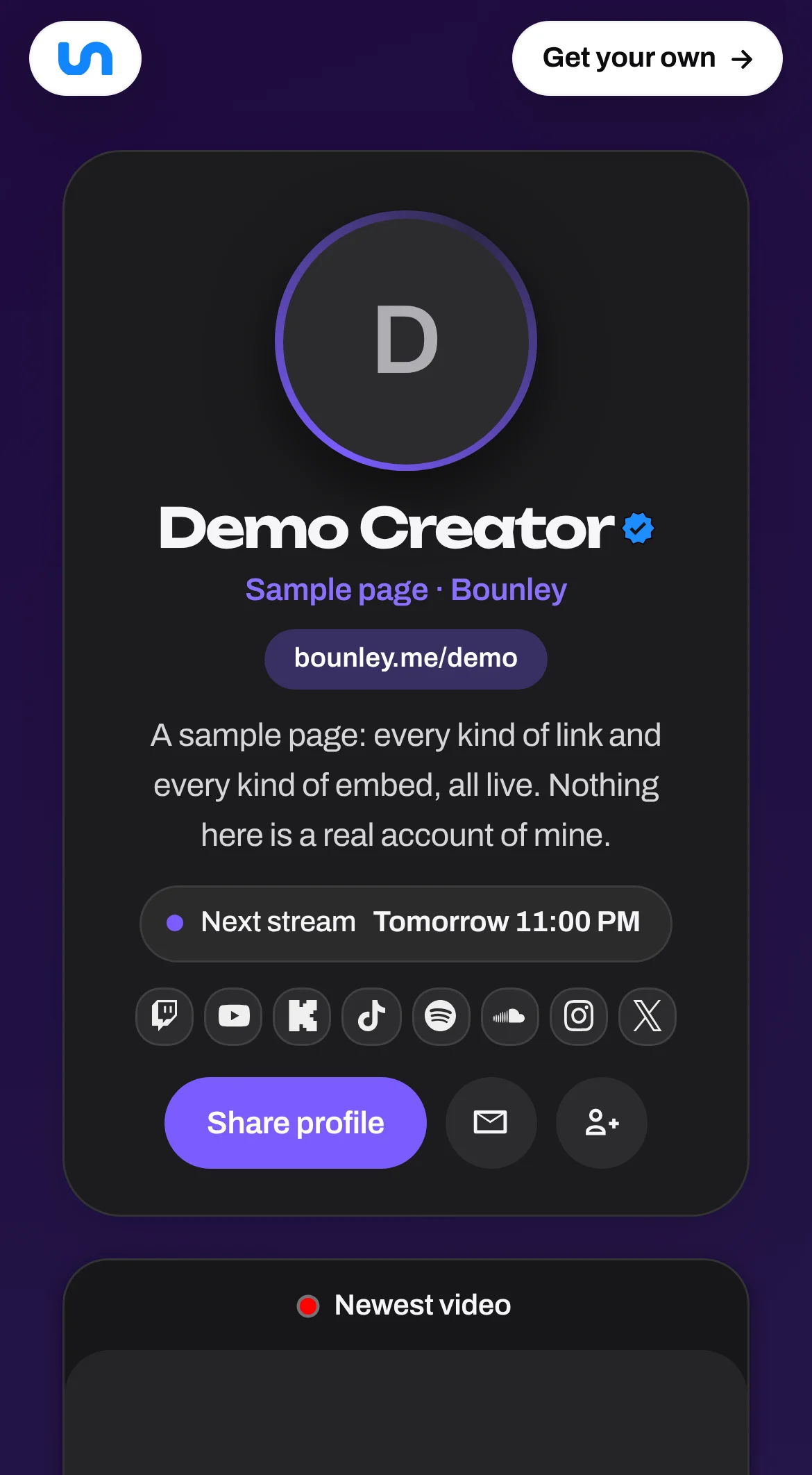 Bounley's demo site, bounley.me/demo, on a phone: the name Demo Creator with a verified check, the bounley.me address, a short bio, the next stream time, buttons for eight platforms, and Share profile.