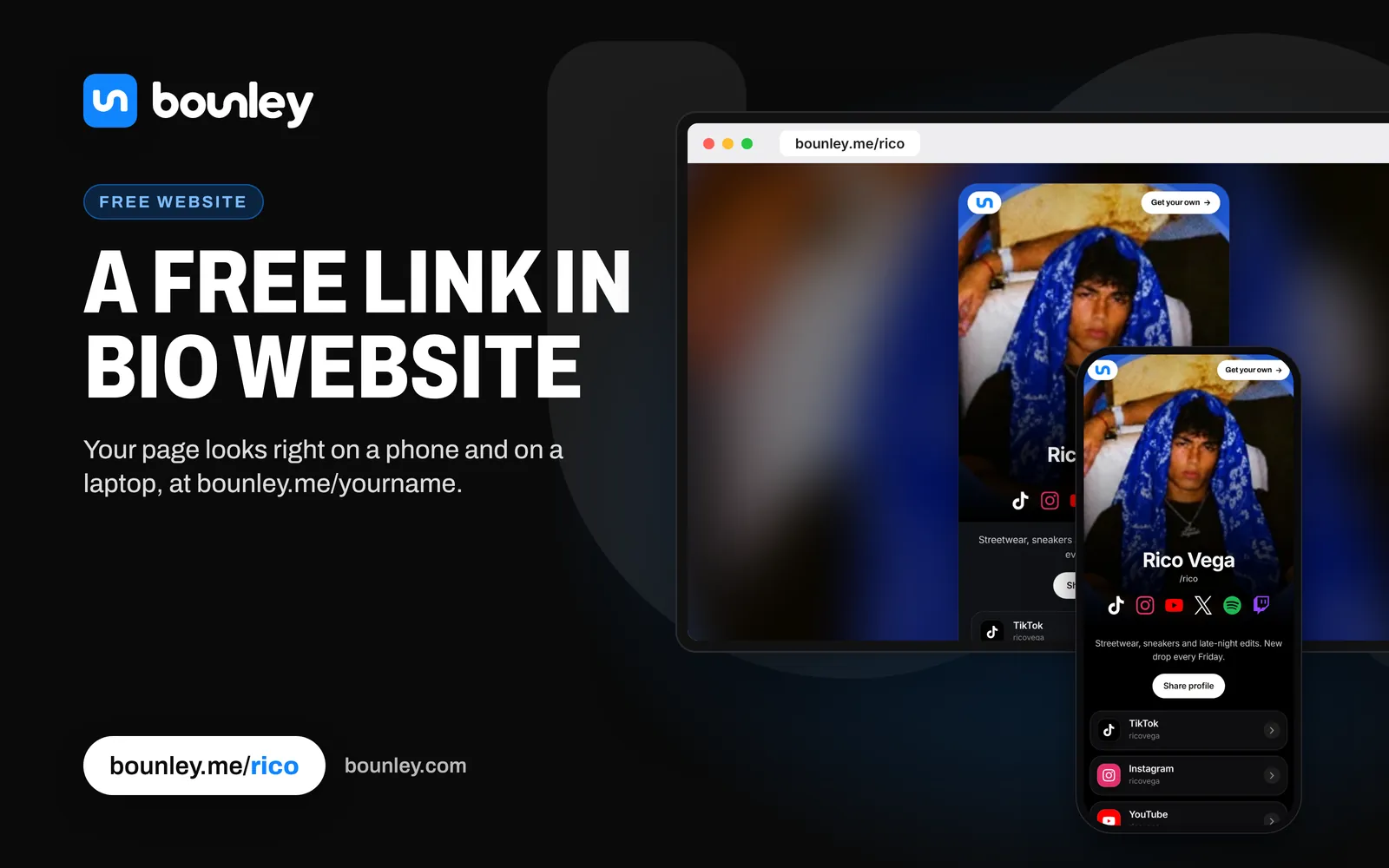 A free link in bio website made with Bounley, on a laptop and a phone: bounley.me/rico as a card over a blurred copy of his photo on the laptop, and the same page full screen on the phone. Beside it: “A free link in bio website”, the Bounley logo, bounley.me/rico and bounley.com.
