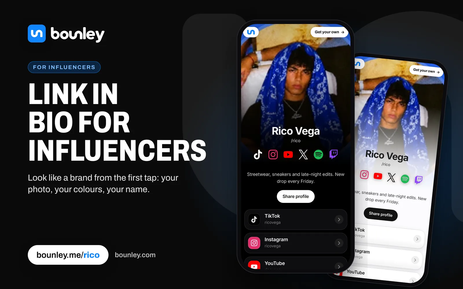 A link in bio for influencers made with Bounley: two phones showing Rico Vega's page, dark with his photo as the cover and light in the Daylight look. Beside it: “Link in bio for influencers”, the Bounley logo, bounley.me/rico and bounley.com.
