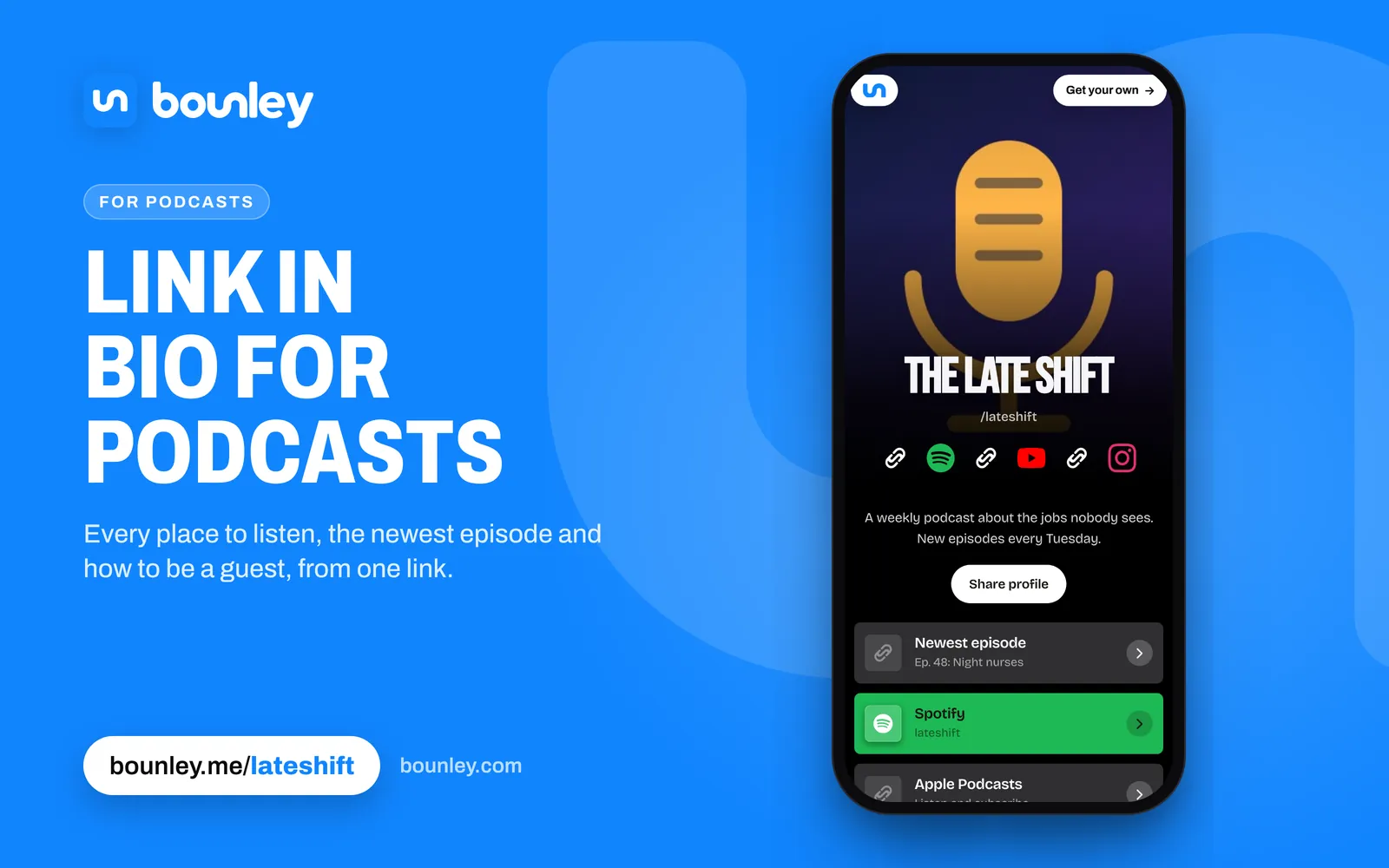 A link in bio for a podcast made with Bounley: a phone showing The Late Shift podcast's page with its microphone artwork as the cover, Newest episode, Spotify, Apple Podcasts, YouTube and Be a guest. Beside it: “Link in bio for podcasts”, the Bounley logo, bounley.me/lateshift and bounley.com.