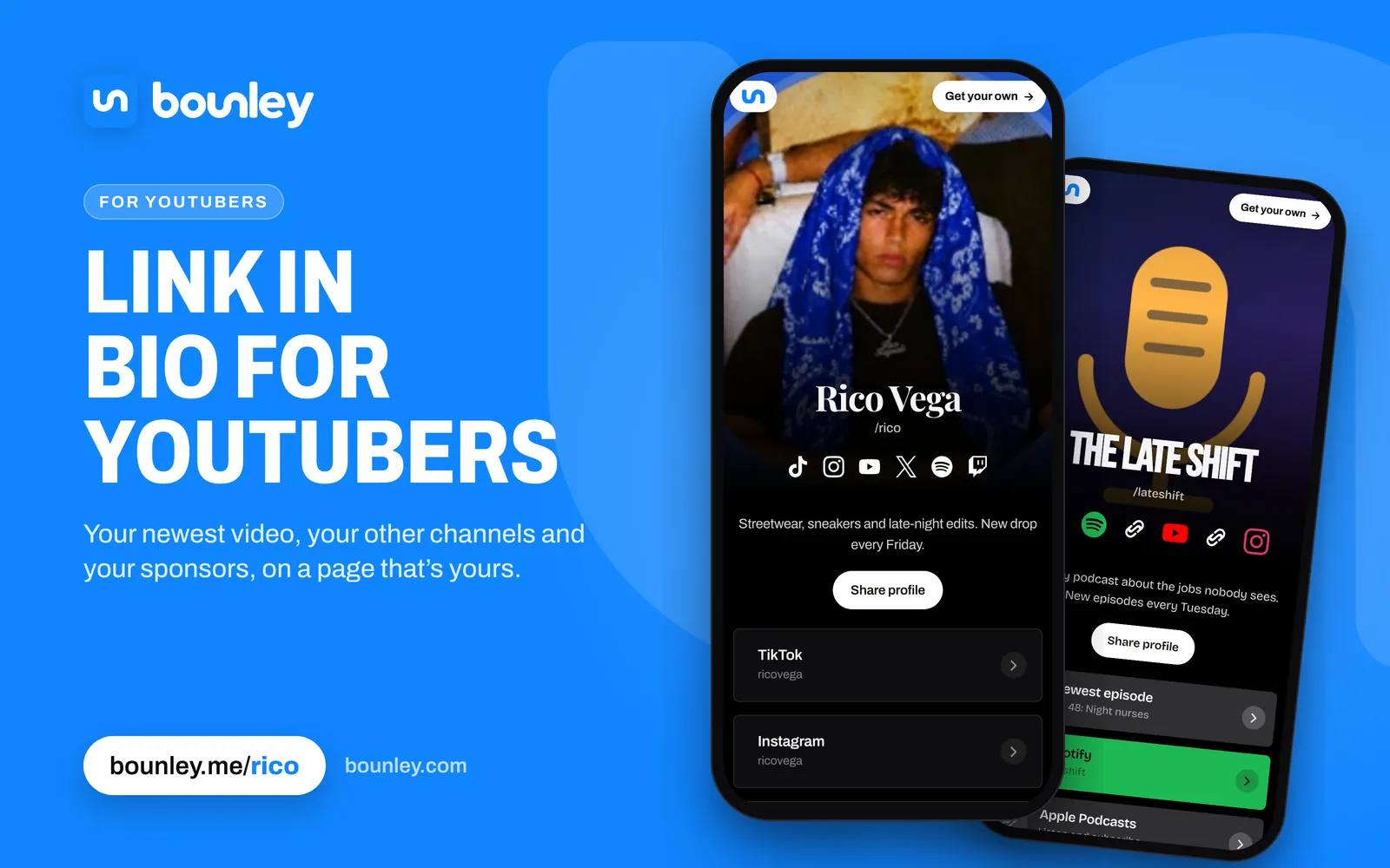 A link in bio for YouTubers made with Bounley: two phones, a creator's page in the Premiere look with his photo as the cover, and a podcast's page with its newest episode and YouTube. Beside it: “Link in bio for YouTubers”, the Bounley logo, bounley.me/rico and bounley.com.