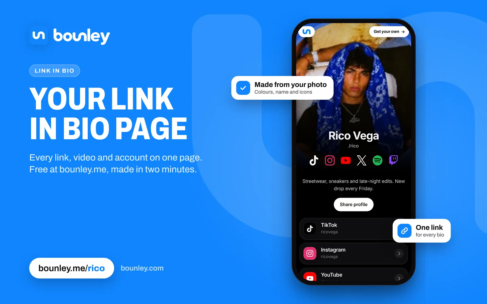 A link in bio page made with Bounley, on a phone: Rico Vega's page at bounley.me/rico, his photo filling the top, his name, icons for TikTok, Instagram, YouTube, X, Spotify and Twitch, a short bio, Share profile and a button for each account. Beside it: “Your link in bio page”, the Bounley logo, bounley.me/rico and bounley.com.