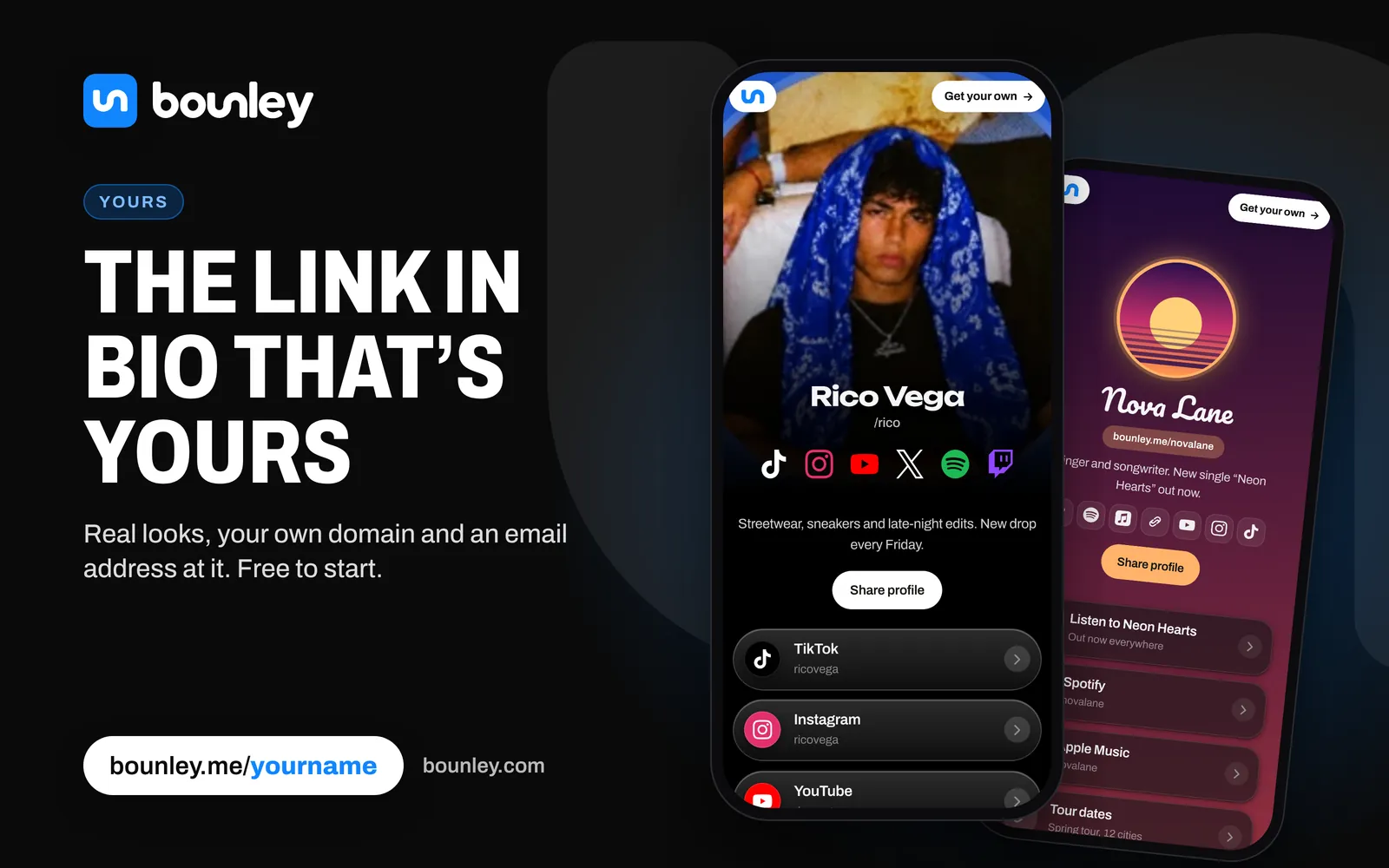Two link in bio pages made with Bounley, on phones: a creator's page with his photo as the cover and a singer's page with a sunset album cover and tour dates. Beside it: “The link in bio that’s yours”, the Bounley logo, bounley.me/yourname and bounley.com.
