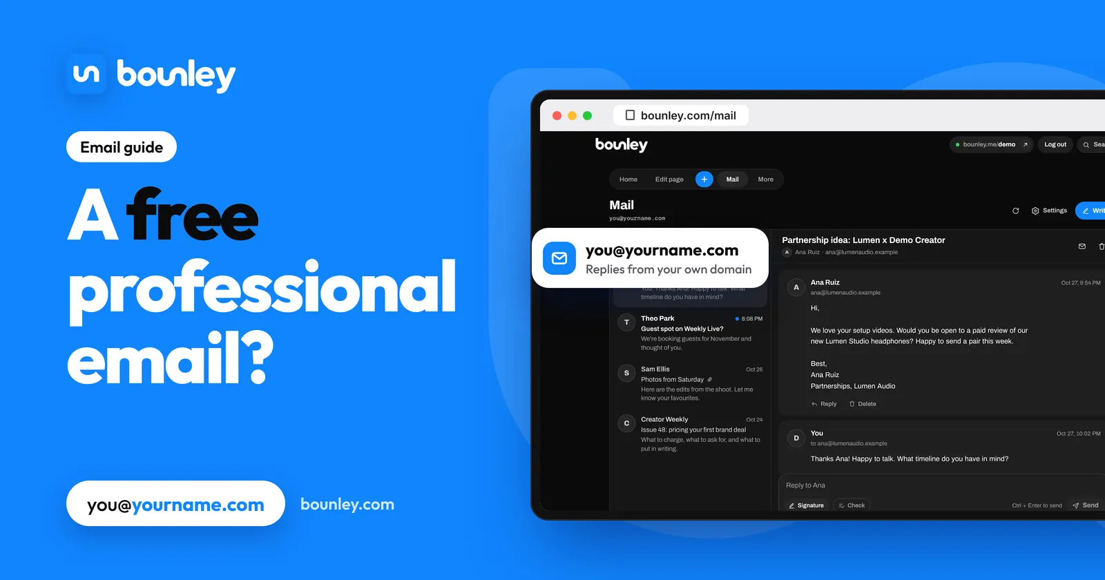 A free professional email?: the Bounley inbox on a laptop with email at your own domain (sample messages): what a professional email address costs and what's free.