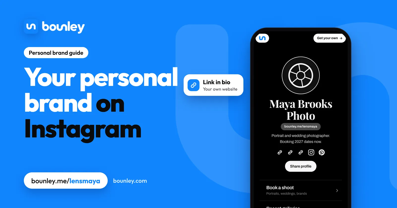 Your personal brand on Instagram: a photographer's personal brand website made with Bounley on a phone: the one link in an Instagram bio.