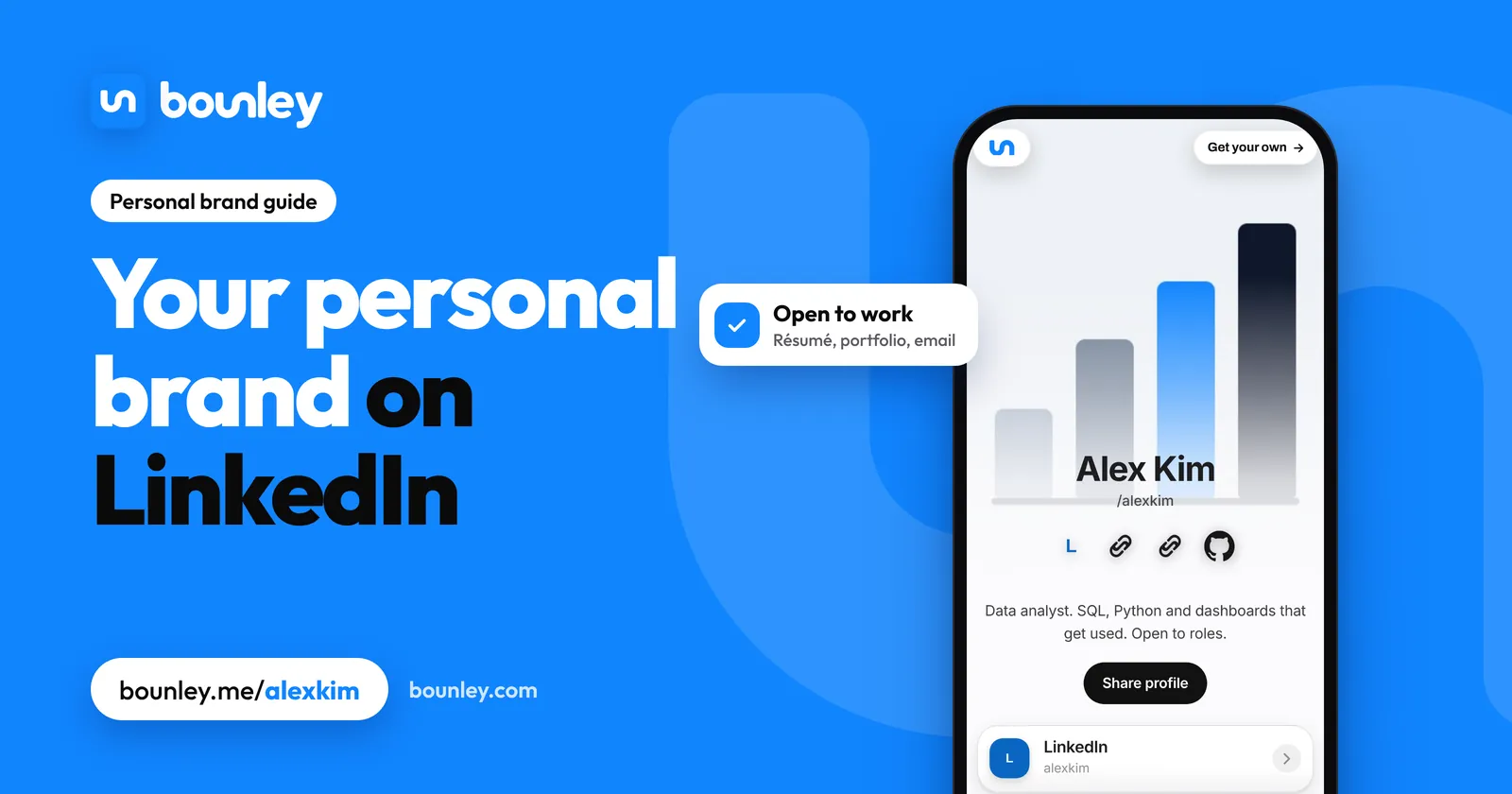 Your personal brand on LinkedIn: a job seeker's personal brand website made with Bounley on a phone, with LinkedIn, a résumé and a portfolio.