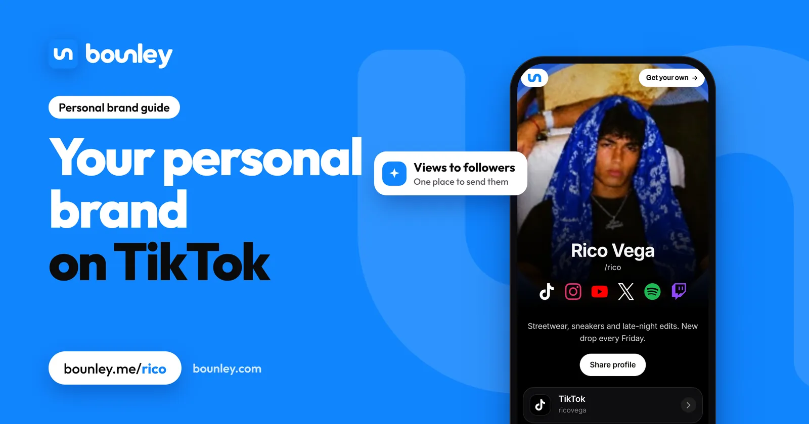 Your personal brand on TikTok: a creator's personal brand website made with Bounley on a phone, with TikTok first: where TikTok viewers go to find everything.