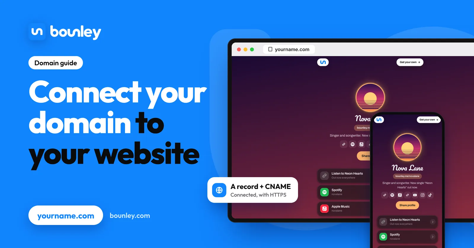 Connect your domain to your website: a musician's website made with Bounley opening at its own domain on a laptop after the domain's DNS records were connected.