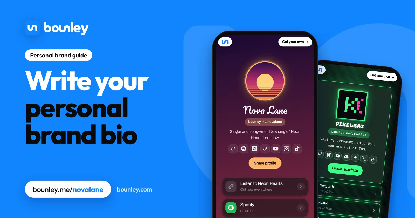 Write your personal brand bio: two personal brand bios on websites made with Bounley, on phones: a singer's and a streamer's.