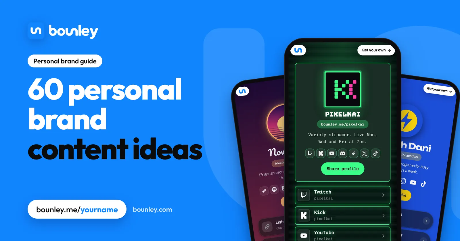 60 personal brand content ideas: three creators' personal brand websites made with Bounley on phones, with their videos, streams and music.