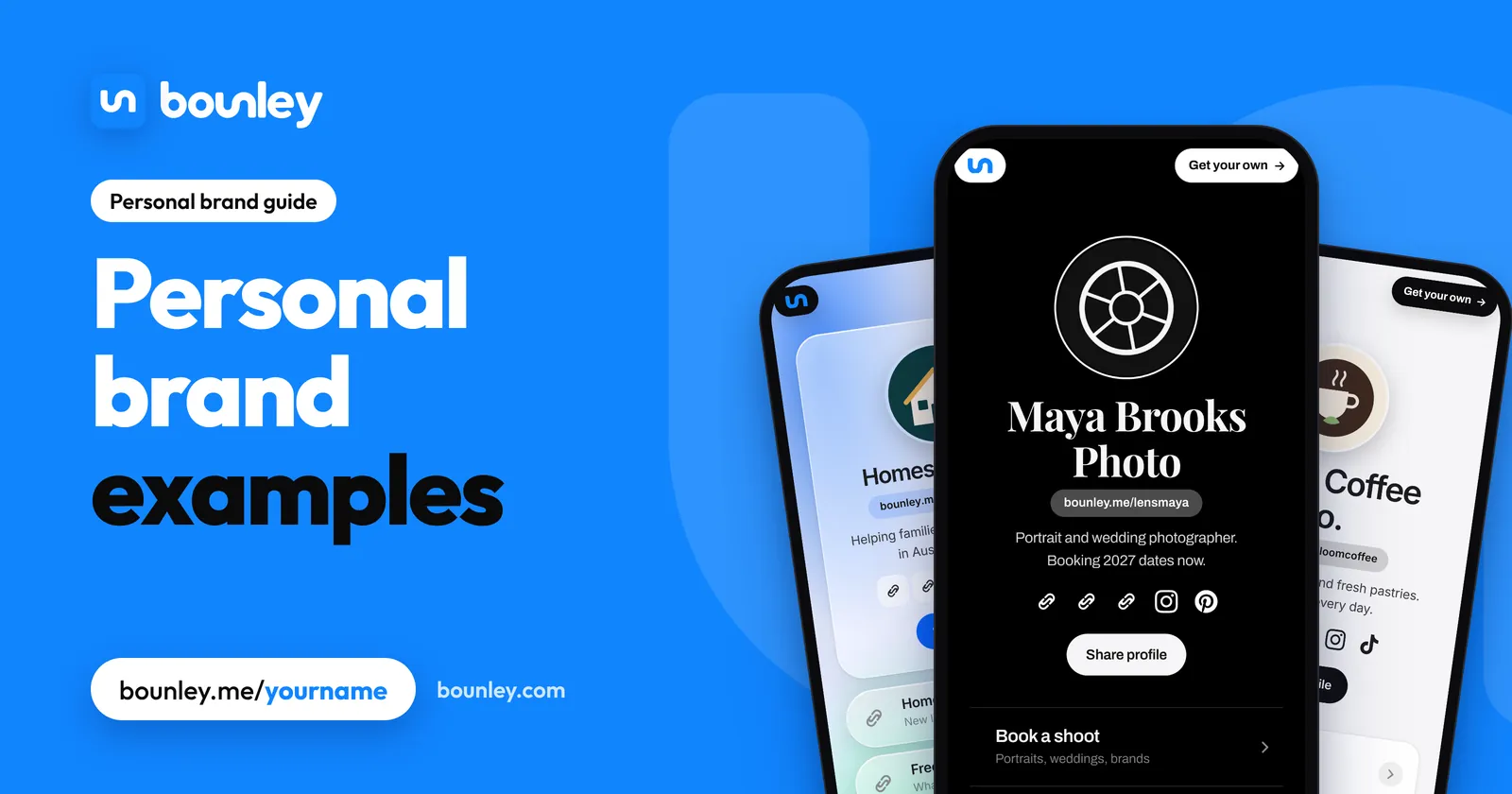 Personal brand examples: three personal brand examples as websites made with Bounley on phones: a photographer, a real estate agent and a café (samples).