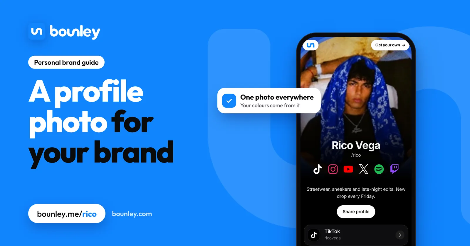A profile photo for your brand: a personal brand website made with Bounley on a phone, with the profile photo at the top and the page's colours made from it.