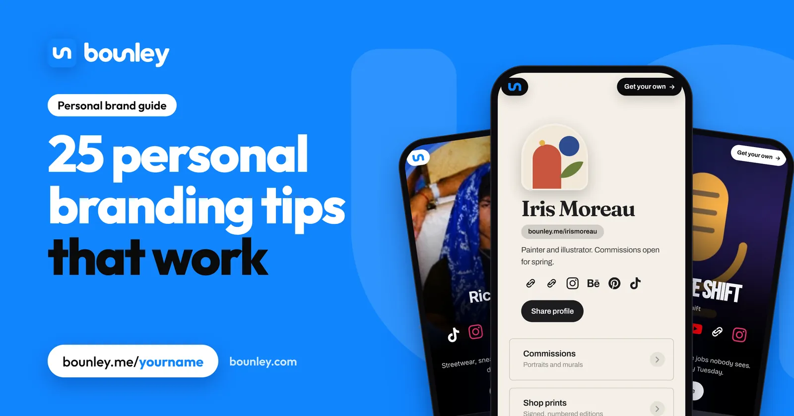 25 personal branding tips that work: three personal brand websites made with Bounley on phones: an artist, a creator and a podcast.