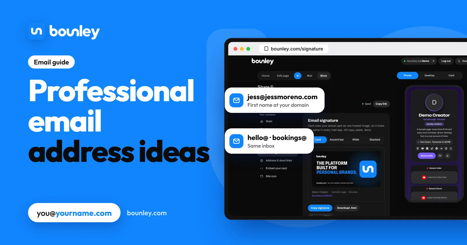 Professional email address ideas: professional email address examples at your own domain, like jess@jessmoreno.com, beside Bounley's email signature maker on a laptop.