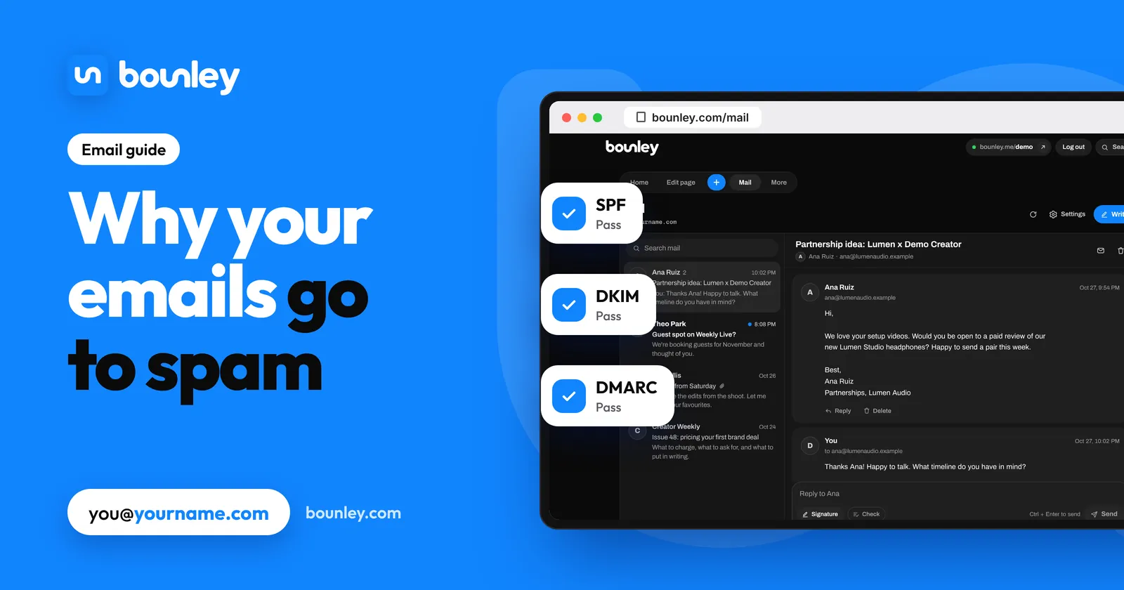 Why your emails go to spam: the Bounley inbox on a laptop with SPF, DKIM and DMARC passing for email at your own domain, so mail lands in the inbox, not spam.