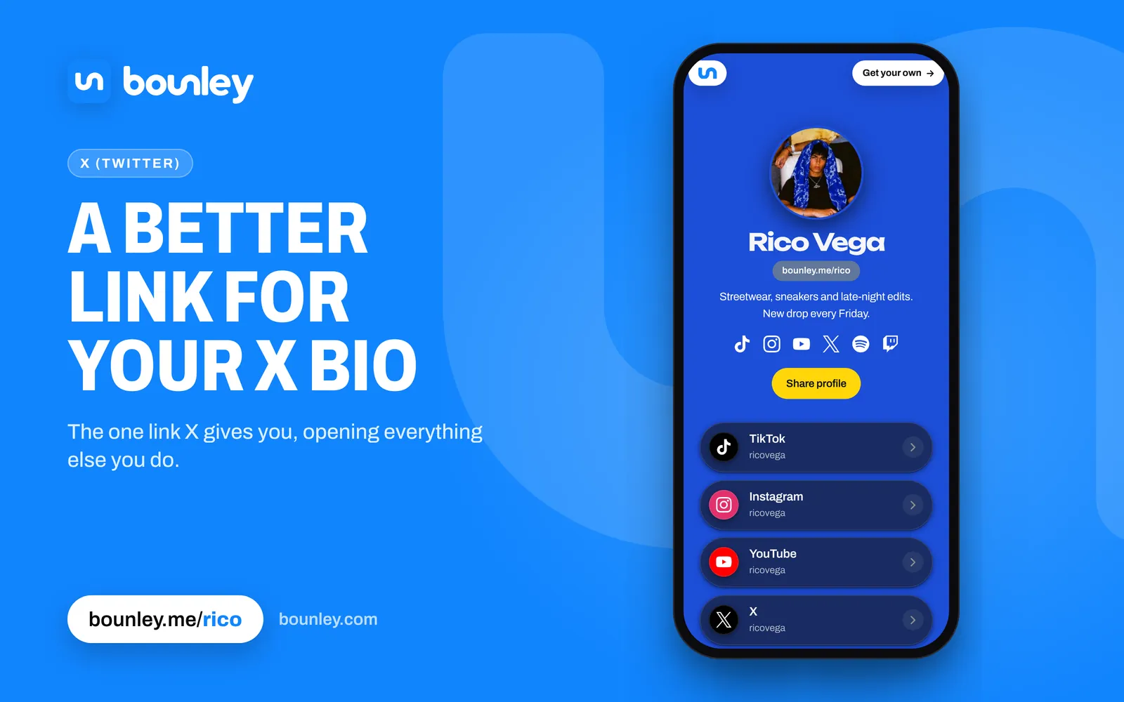 A bio link for X (Twitter) made with Bounley: a phone showing Rico Vega's page in the Color Pop look, blue with yellow, with his photo, bio and a button for each account. Beside it: “A better link for your X bio”, the Bounley logo, bounley.me/rico and bounley.com.